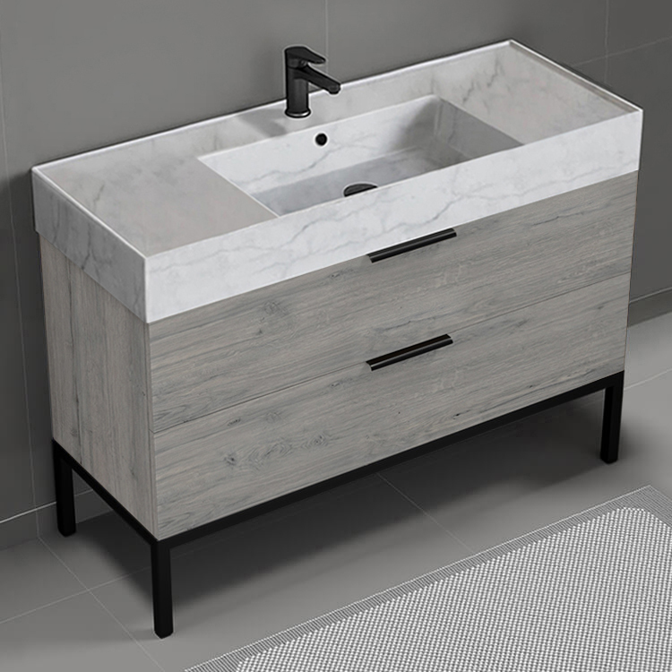 Nameeks DERIN760 Modern Bathroom Vanity With Marble Design Sink, Floor Standing, 48 Inch, Grey Oak